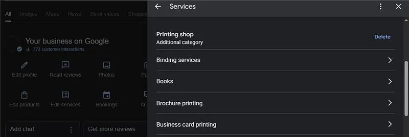 Service Categories in Google Business Profile.