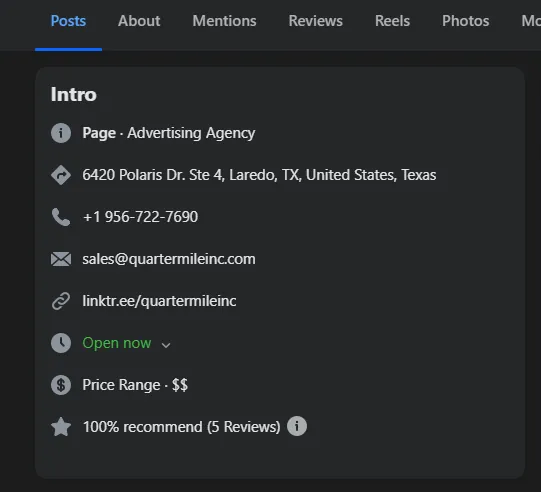 Screenshot with Name, Address and Phone Number for Quarter Mile, Inc.