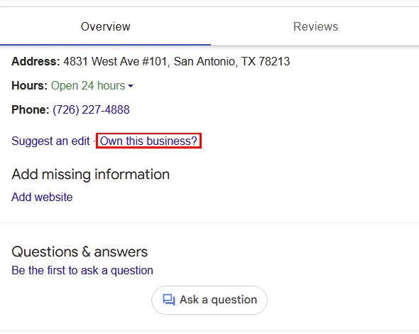 Screenshot of a business in Google Business Profile, highlighting the Own this business button to start the claiming a business process.