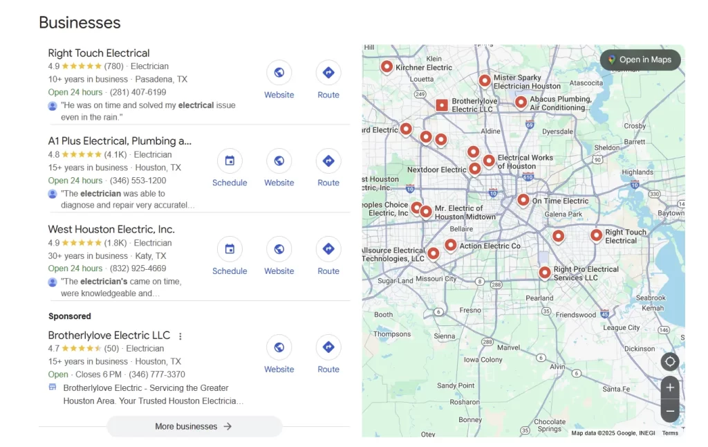 A map result with a list of businesses.