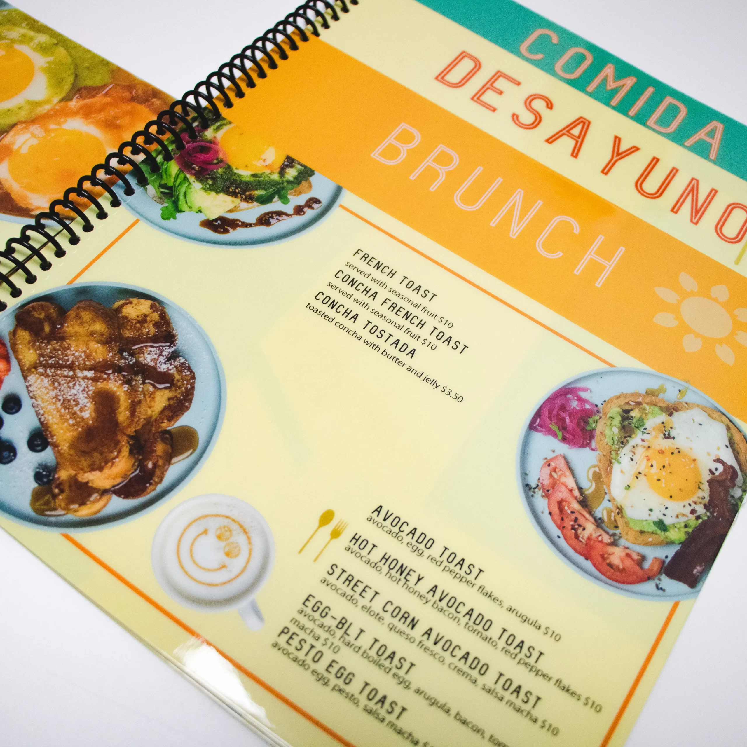 Custom colorful dine-in menu design for Bolillos Café